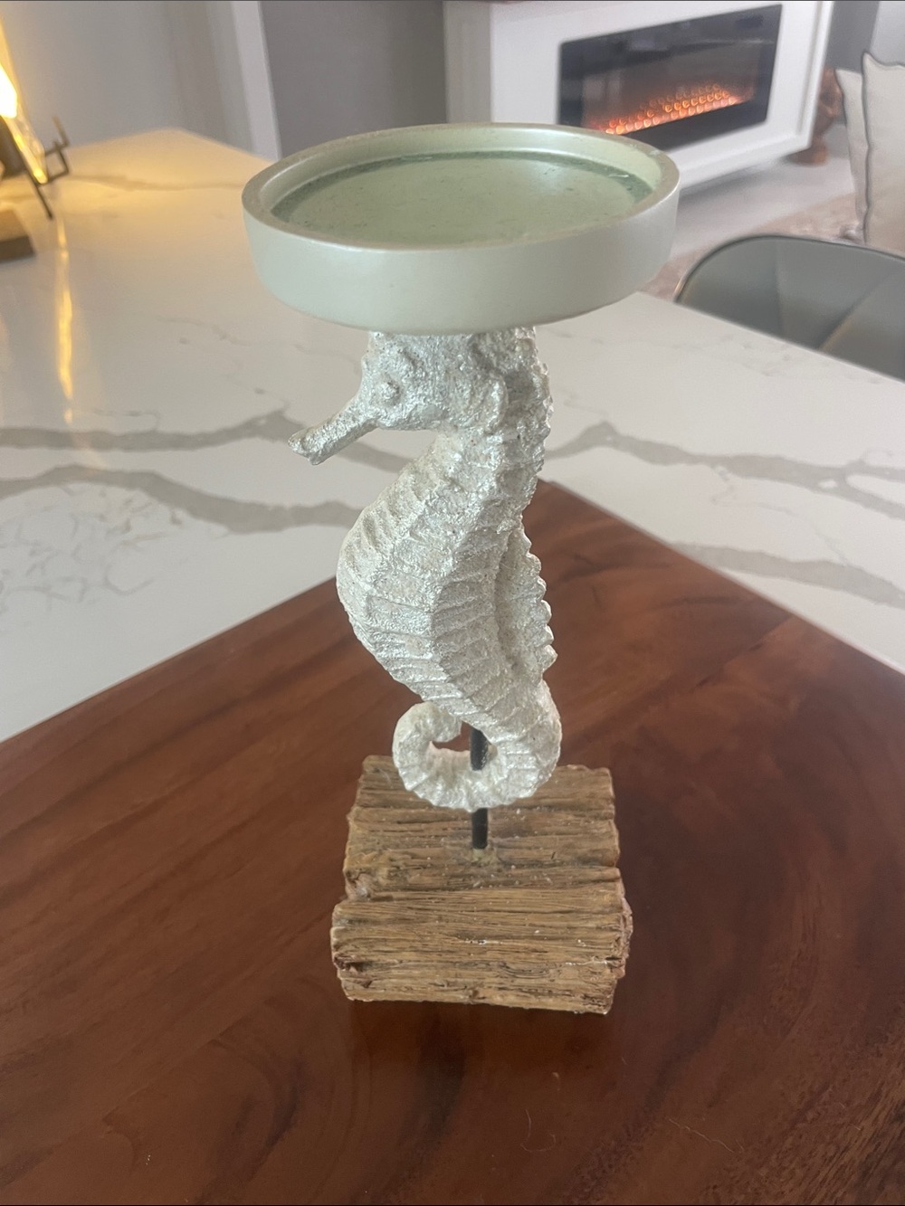 Coastal Seahorse Table Accent in White and Natural Wood